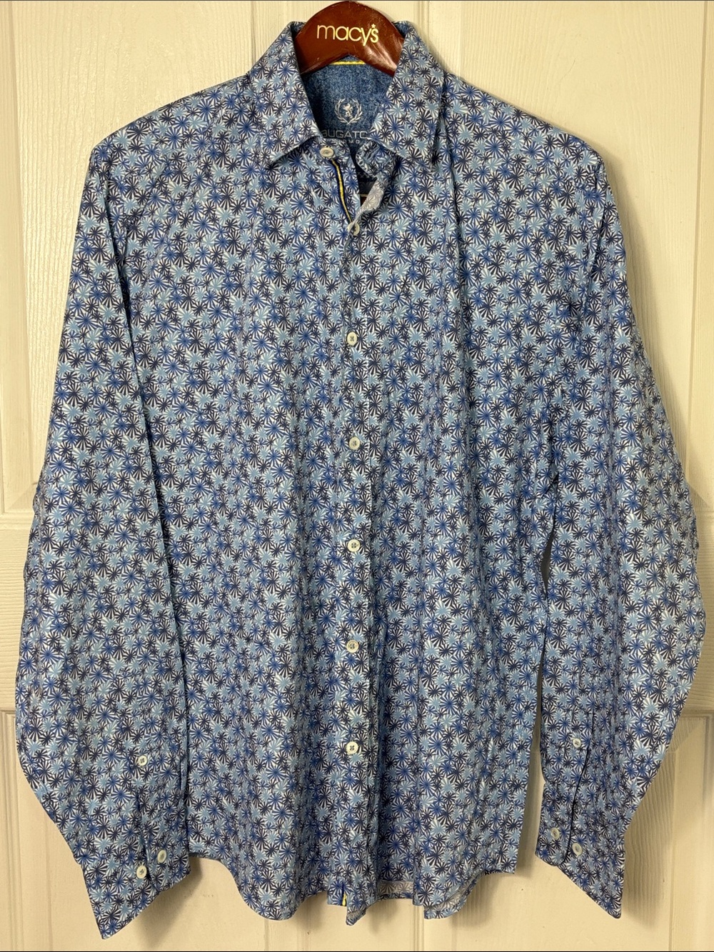 Bugatchi Classic Fit Blue Floral Pattern Long-Sleeve Button Shirt Size Medium